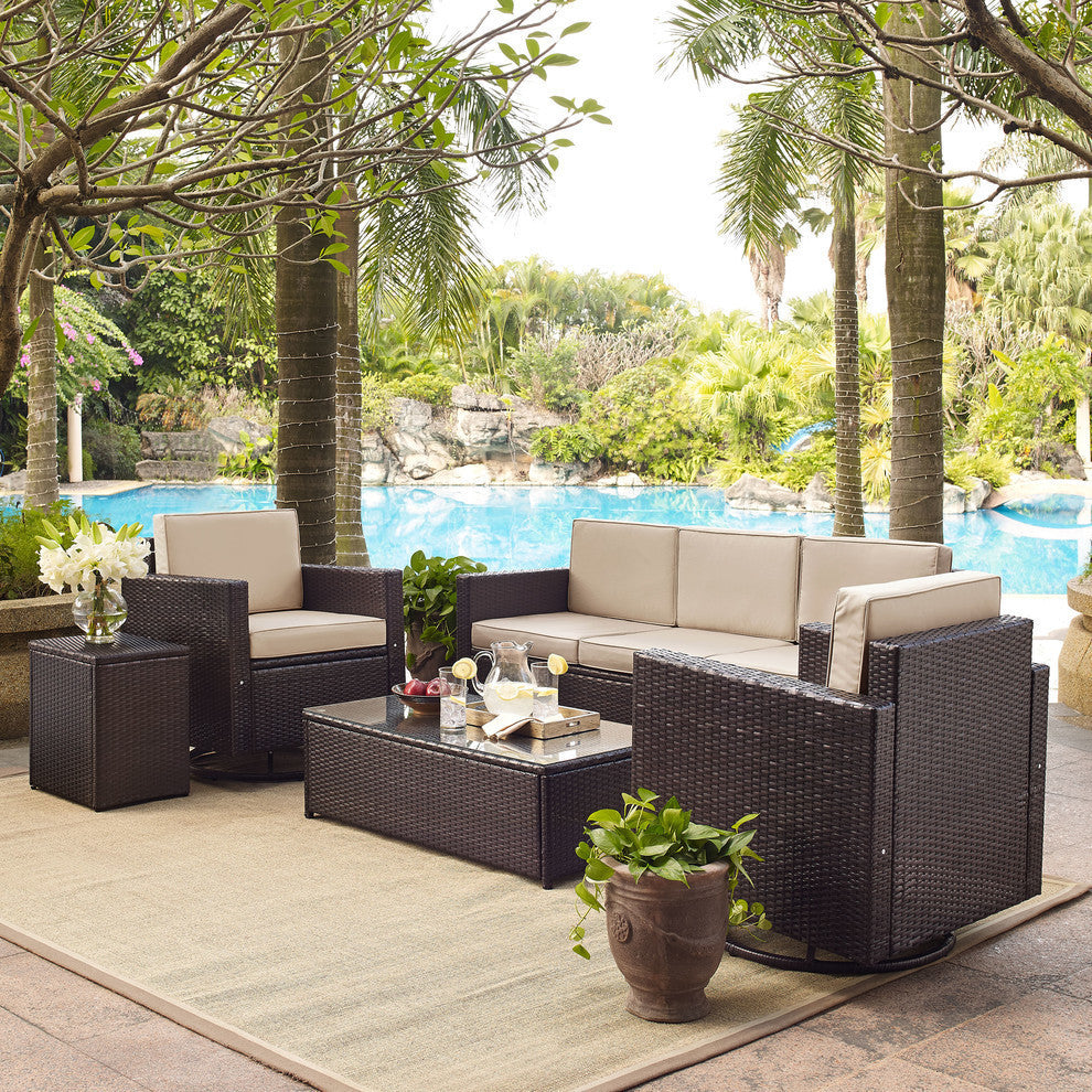 Palm Harbor 5-Piece Outdoor Wicker Sofa Conversation Set, Cushions Sand