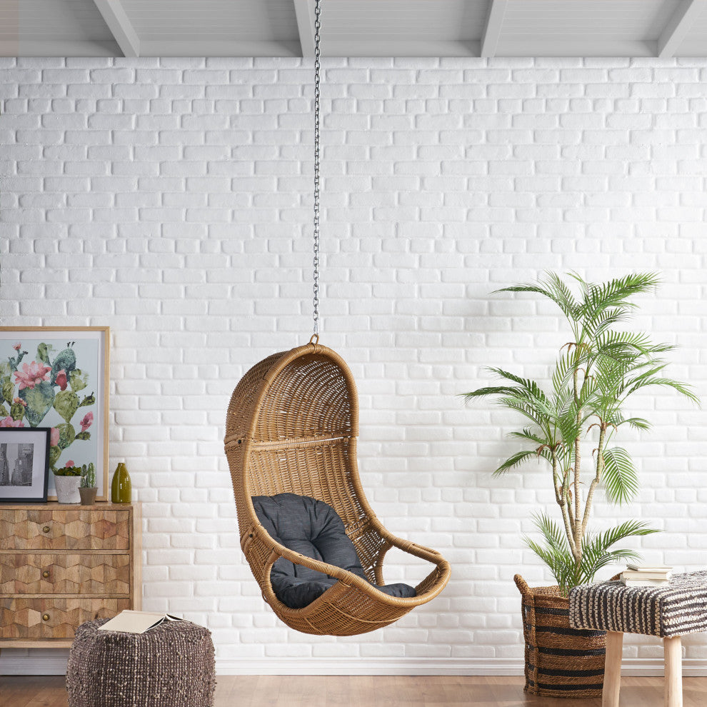 Berrien Outdoor/Indoor Wicker Hanging Chair with 8 Foot Chain (NO STAND), Light Brown/Dark Gray