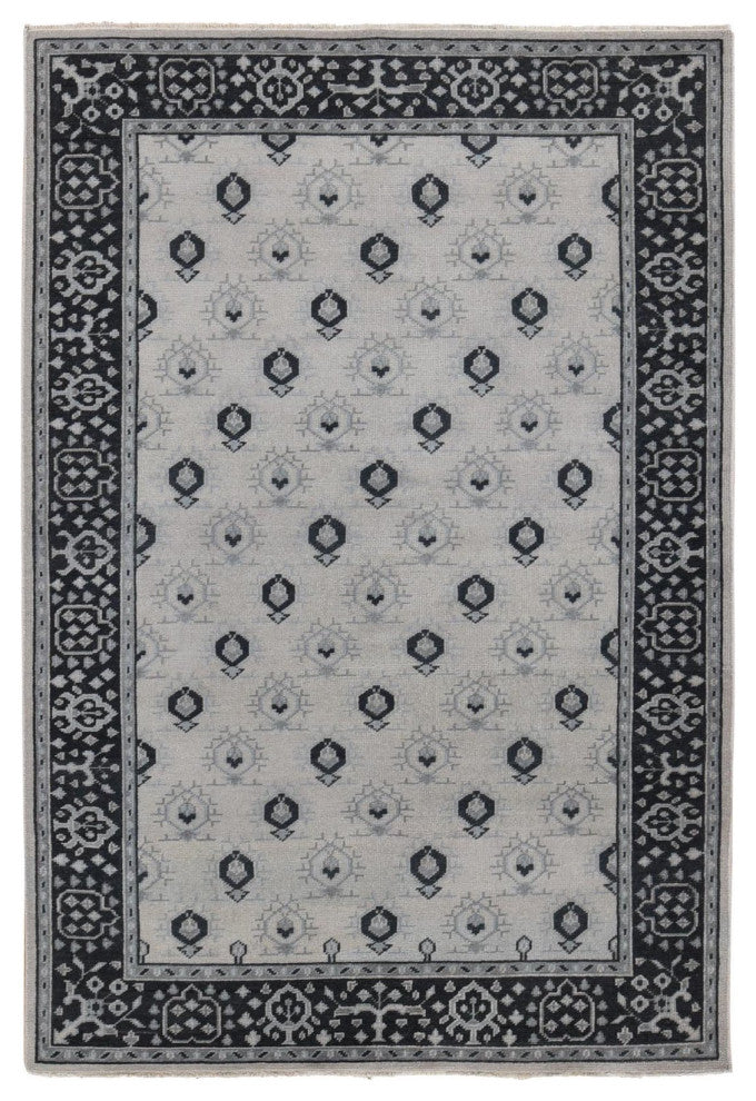 Cream Small Intricate Repetitive Design Pure Wool Hand Knotted Rug, 6'0"x9'0"