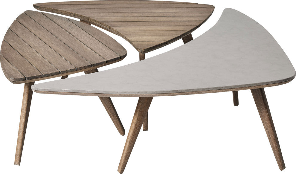 3-Piece Triplica Bunching Table Set, Weathered Eucalyptus and Super Stone