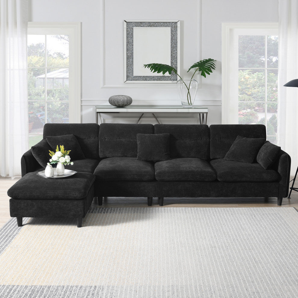 GDF Studio Modern Convertible L-Shaped Sectional Sofa With Ottoman, Black