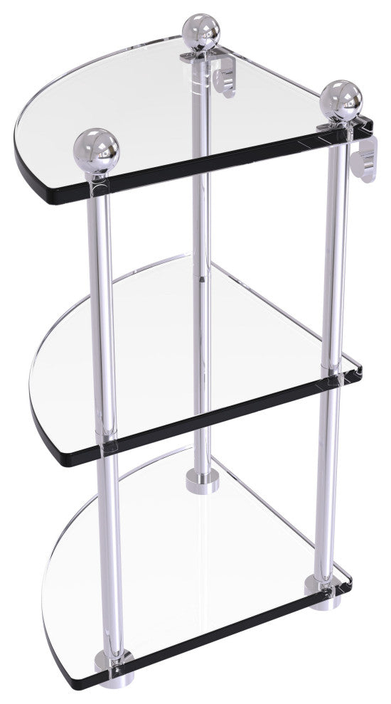 Three-Tier Corner Glass Shelf, Polished Chrome
