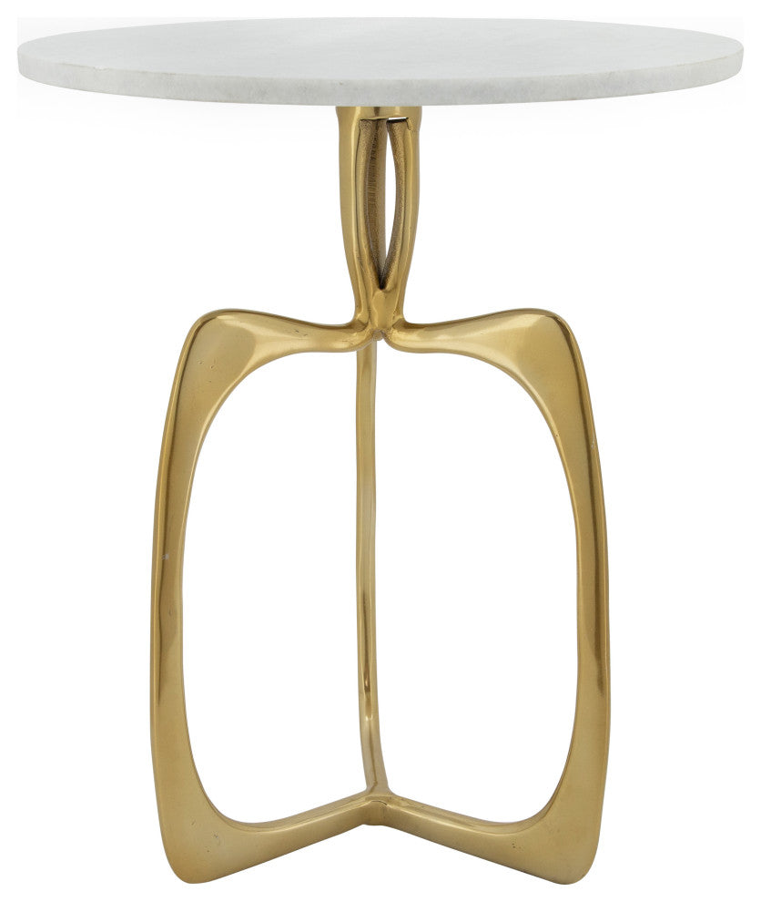 Metal 20" Accent Table With White Marble, Gold