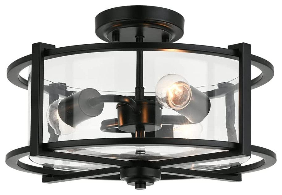3 Light Industrial Semi Flush Ceiling Light, Farmhouse, Black