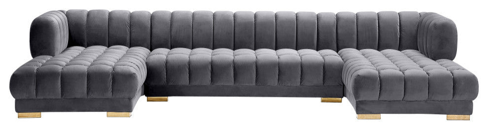 Gwen Biscuit Tufted Velvet Upholstered 3 Piece Sectional, Gray