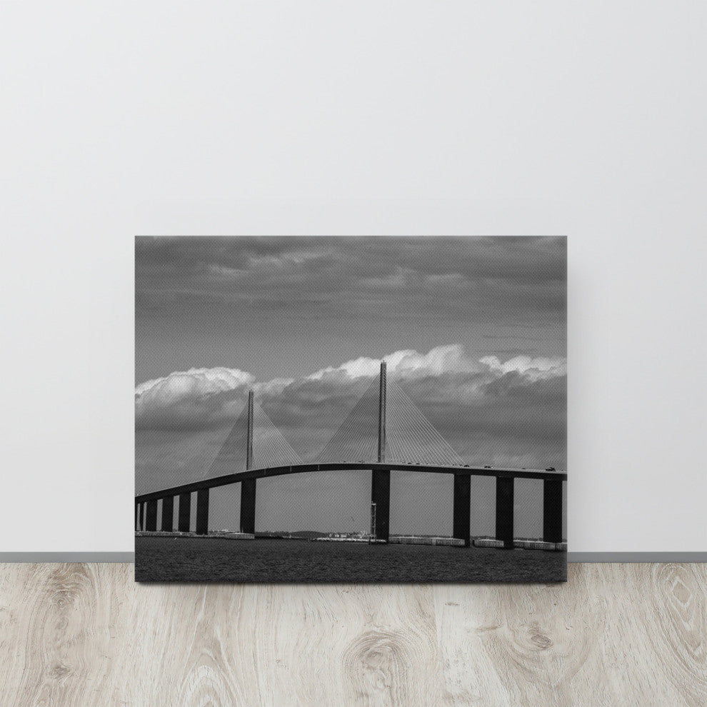 Skyway Bridge Black & White Landscape Photo Canvas Wall Art Print, 16" X 20"