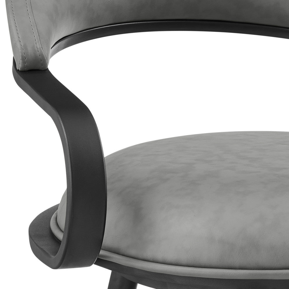 Gardenia Swivel Stool With Black Iron Frame and Faux Leather, Vintage Gray, Bar Height