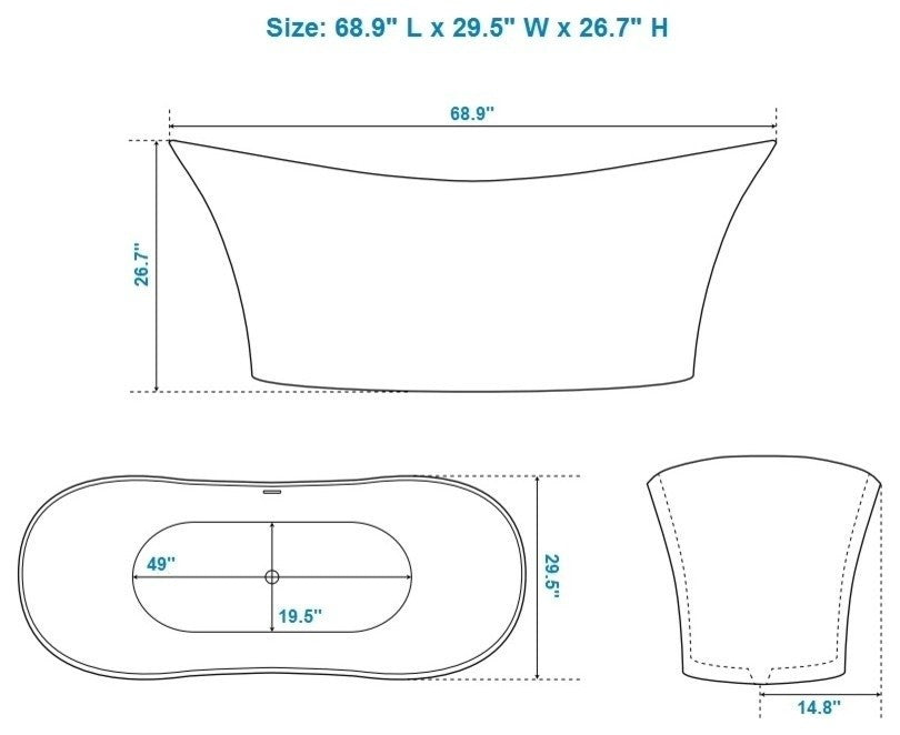 ADM Curved Freestanding Bathtub, Glossy White, 68.9"