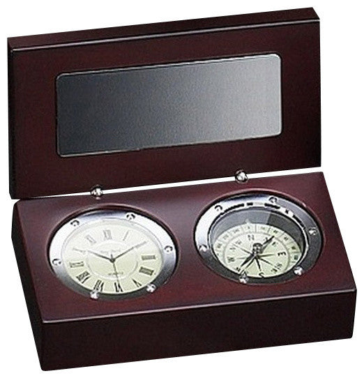 Silver Plated Clock With Compass in Wood Box