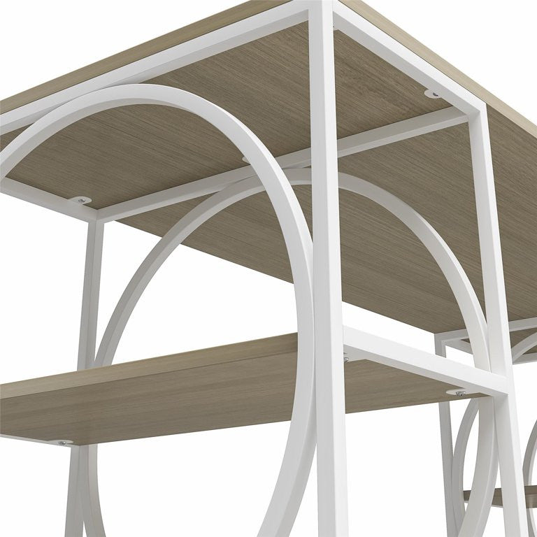 Contemporary Desk, Large Top & Open Shelves With Circular Accents, Pale Oak