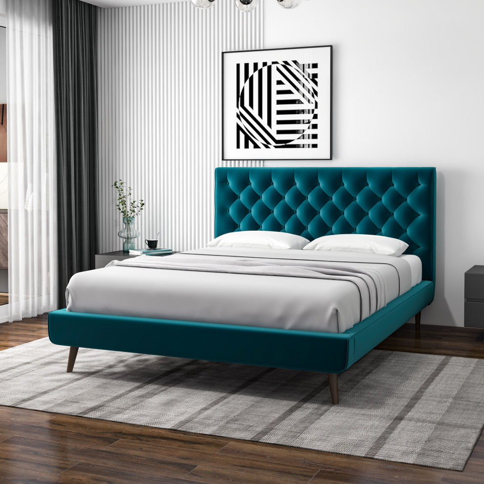 Ashley Midcentury Velvet Tufted Solid Wood Platform Bed, Teal, Queen