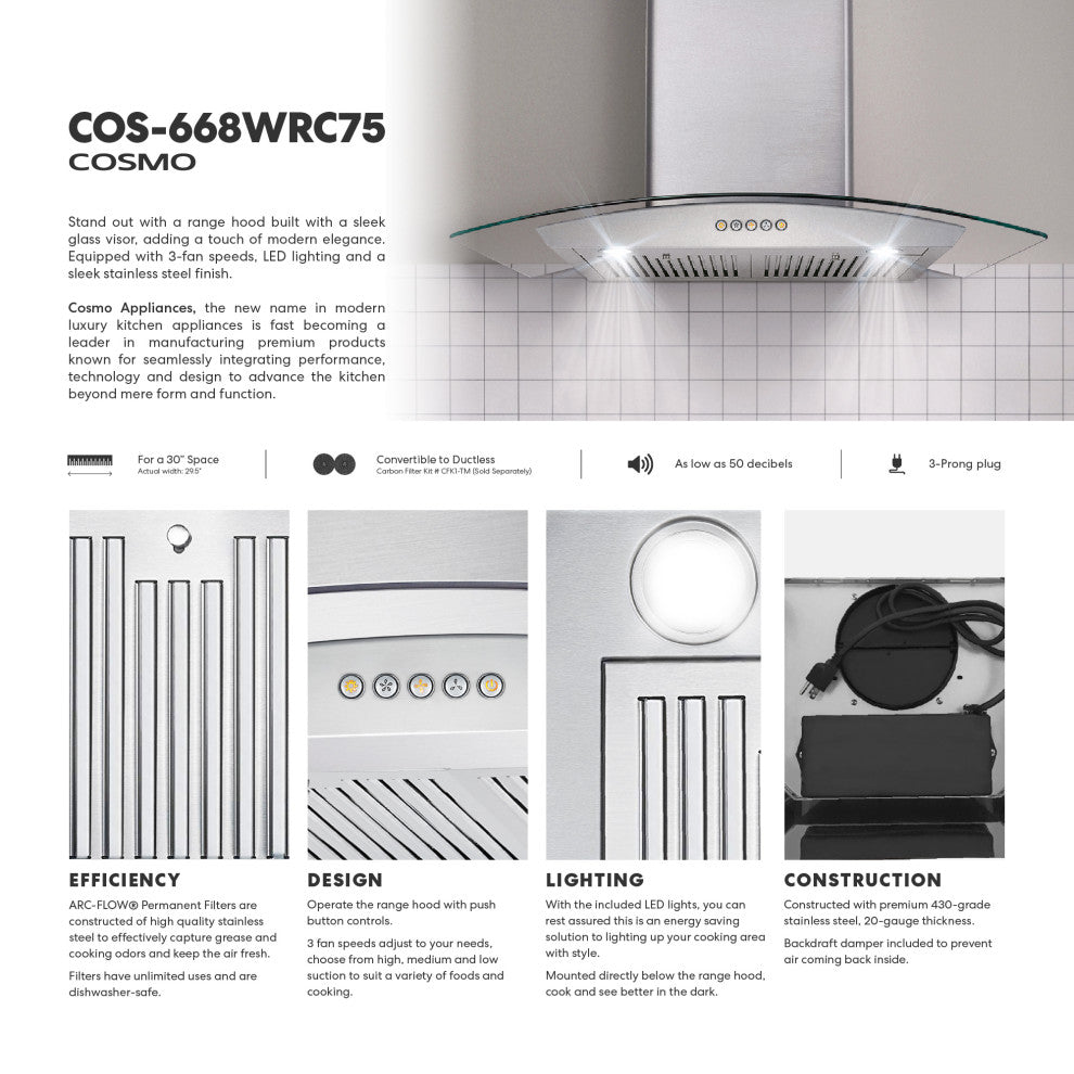 Cosmo Ducted Wall Mount Range Hood, Stainless Steel With Push Buttons, LED