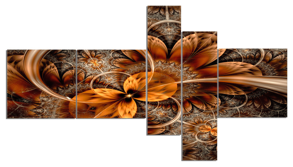 Dark Orange Fractal Flower, Abstract Canvas Art Print, 60"x32", 5 panels