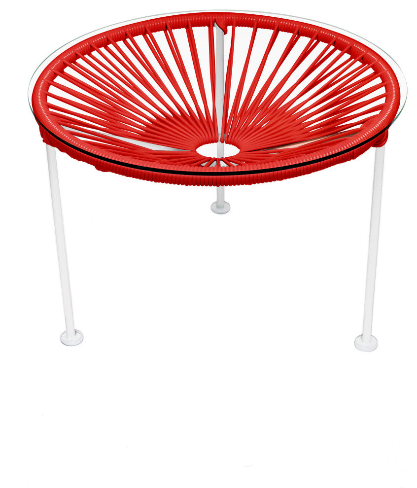 Zicatela Indoor/Outdoor Handmade Side Table, Red Weave, White Frame