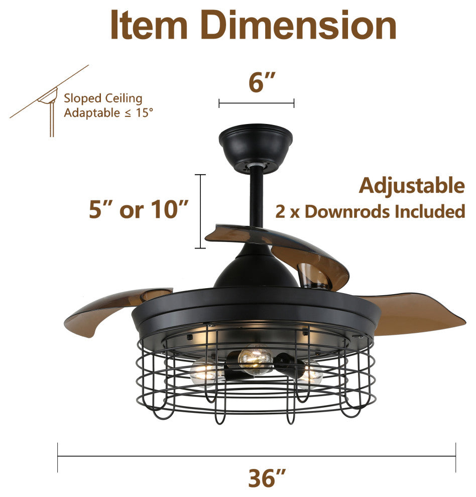 36" Black Industrial Retractable Ceiling Fan with Remote Control, Black