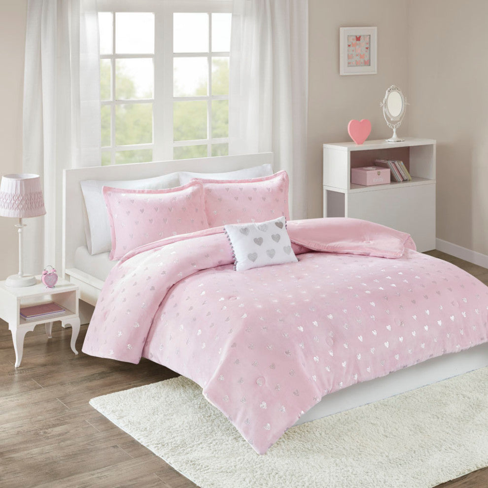 Mi Zone Rosalie Metallic Printed Plush Comforter Set, Pink/Silver