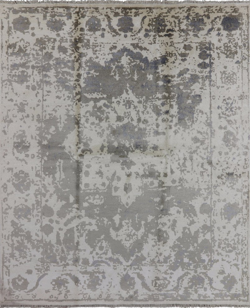 Oriental Heriz Ivory and Beige Silk Hand-Knotted Rug, 8'x10'