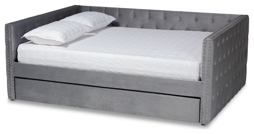 Elara Classic Velvet Daybed With Trundle, Queen Size, Gray