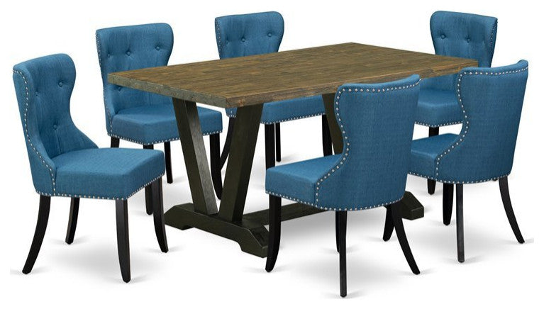 V676Si121-7, 7-Piece Dinette Set, 6 Chairs, Table Top and Wooden Legs