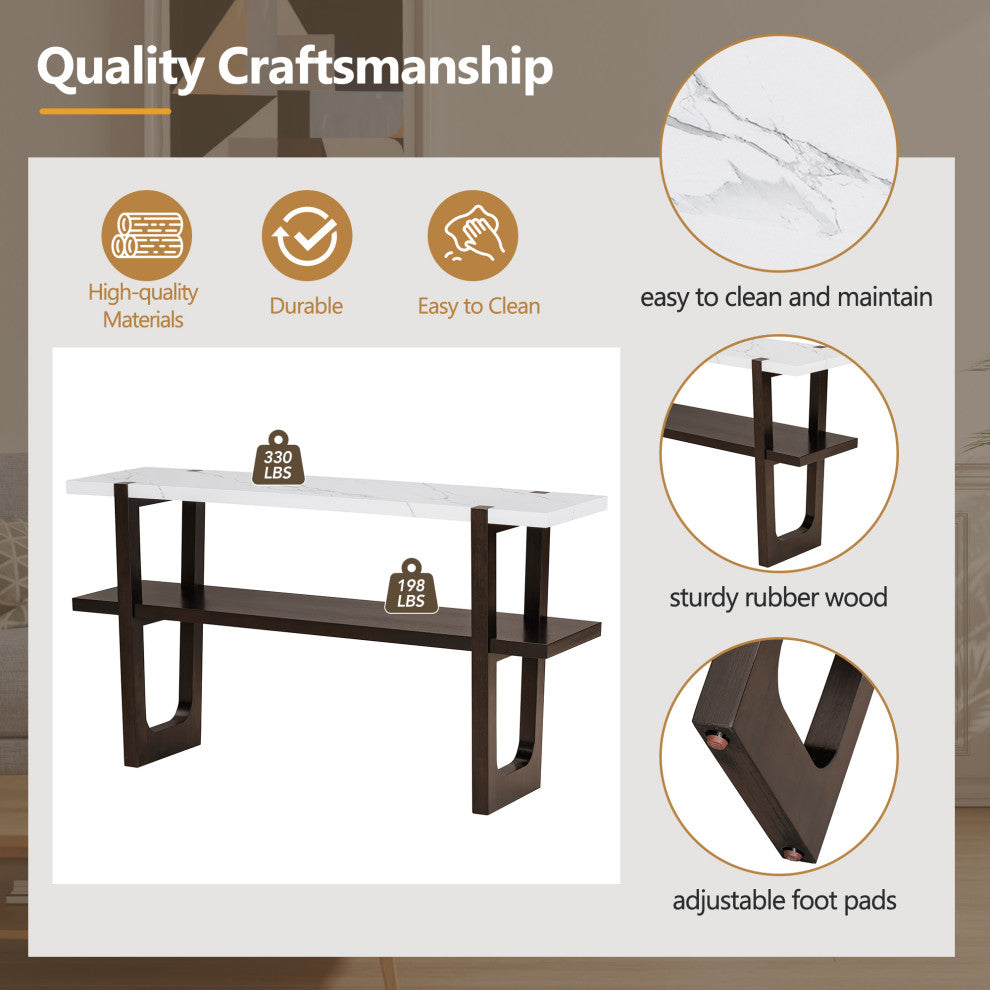 TATEUS Narrow Console Table with Marble-Effect Top for Entryway and Living Room, Espresso