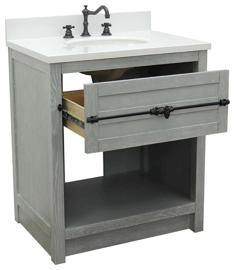 30" Single Vanity, Gray Ash, White Engineered Stone Top, Oval Sink