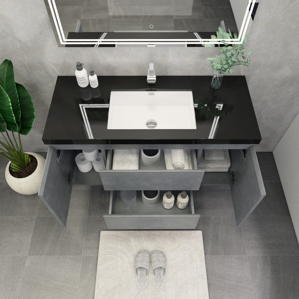 Belli 48" Wall Mounted Single Bathroom Vanity Set, Cement Gray, Matt Black Top
