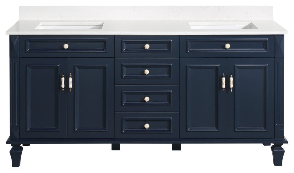 Solid Wood Bathroom Vanity with Quartz Top and cUPC Certified Sink, Navy Blue, 72 Inch