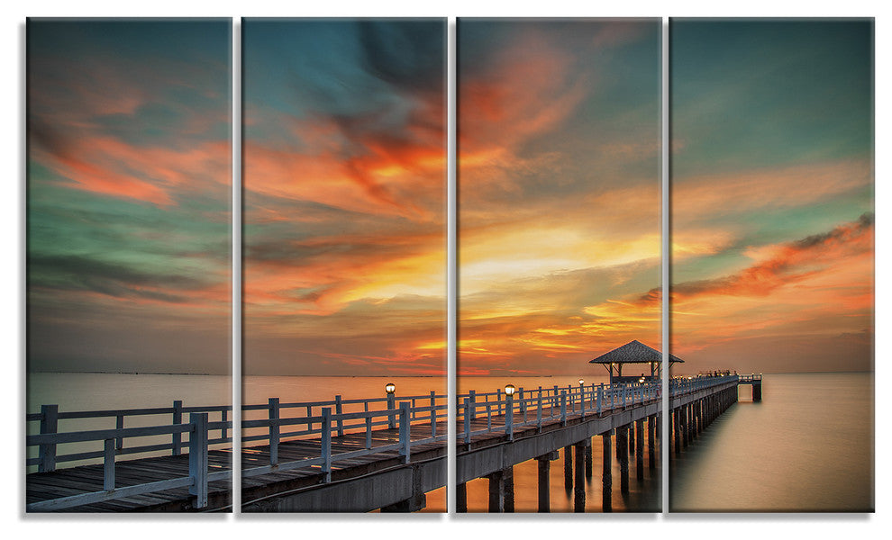 "Colorful Sky And Long Wooden Pier" Sea Pier Wall Art, 4 Panels, 48"x28"