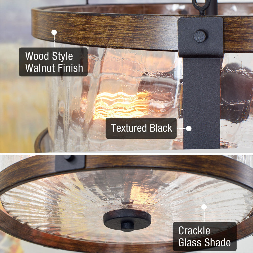 Kira Home Hadley 14" Farmhouse / Hall Light Ceiling, Crackled Glass Shade, Wood