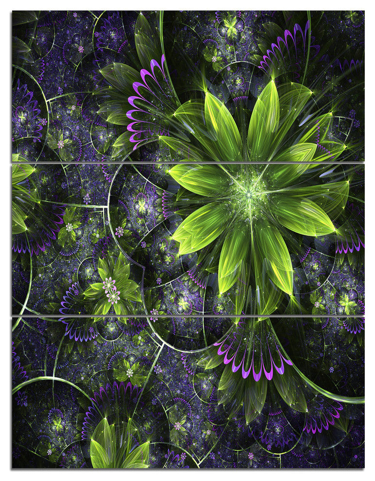 "Green Purple Fractal Flowers" Metal Wall Art, 3 Panels, 28"x36"