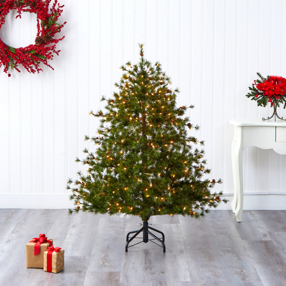 5' Colorado Mountain Pine Faux Xmas Tree W/Lights, Bendable Branches & Pinecones