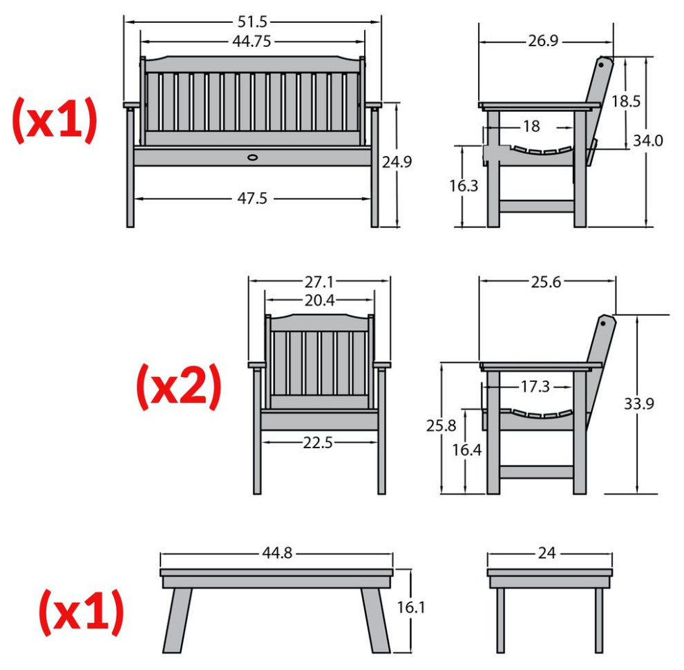 4' Lehigh Bench, Chairs, Conversation Table, 4-Piece Set, Eucalyptus