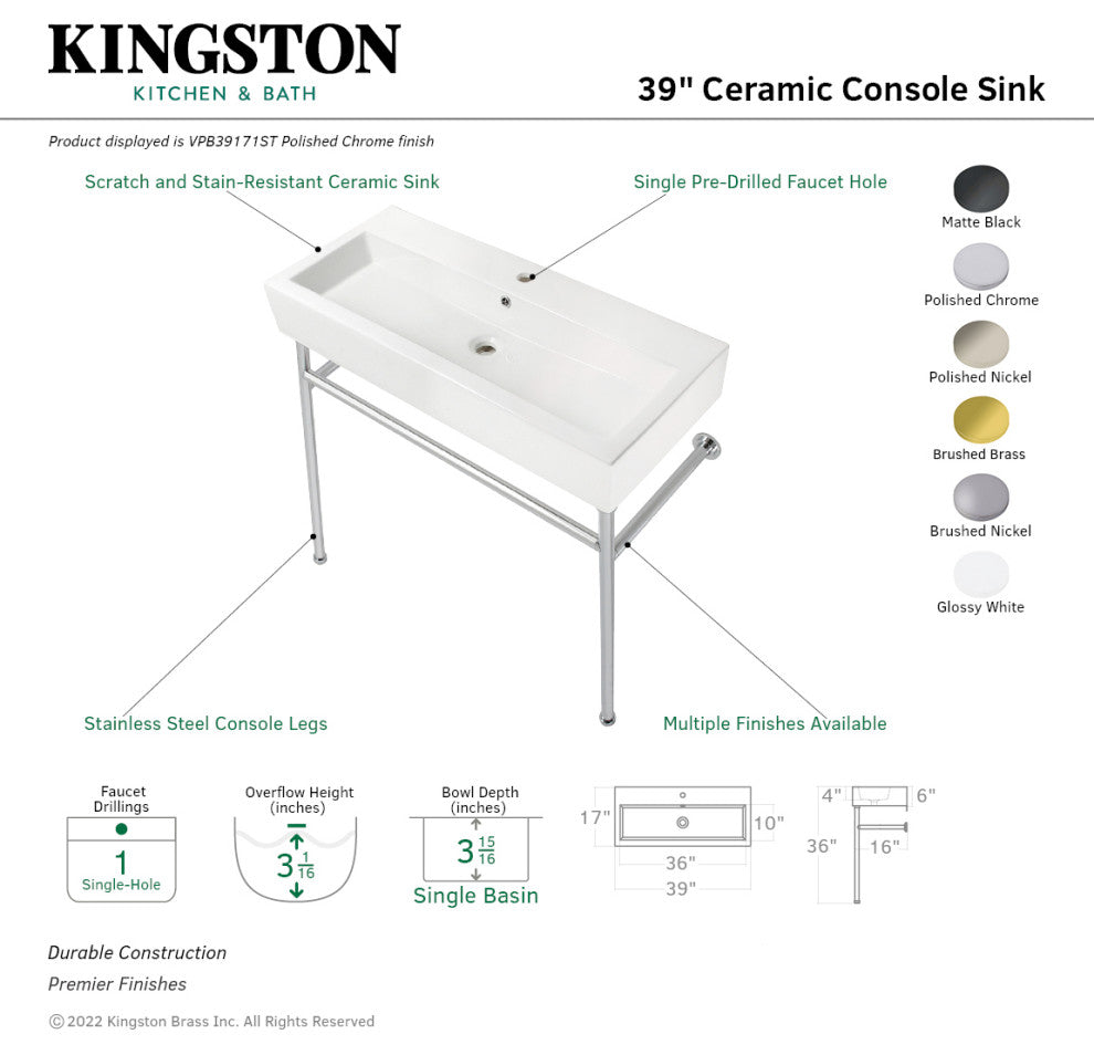 Fauceture VPB39176ST 39" Porcelain Console Sink, Legs, Single-Hole