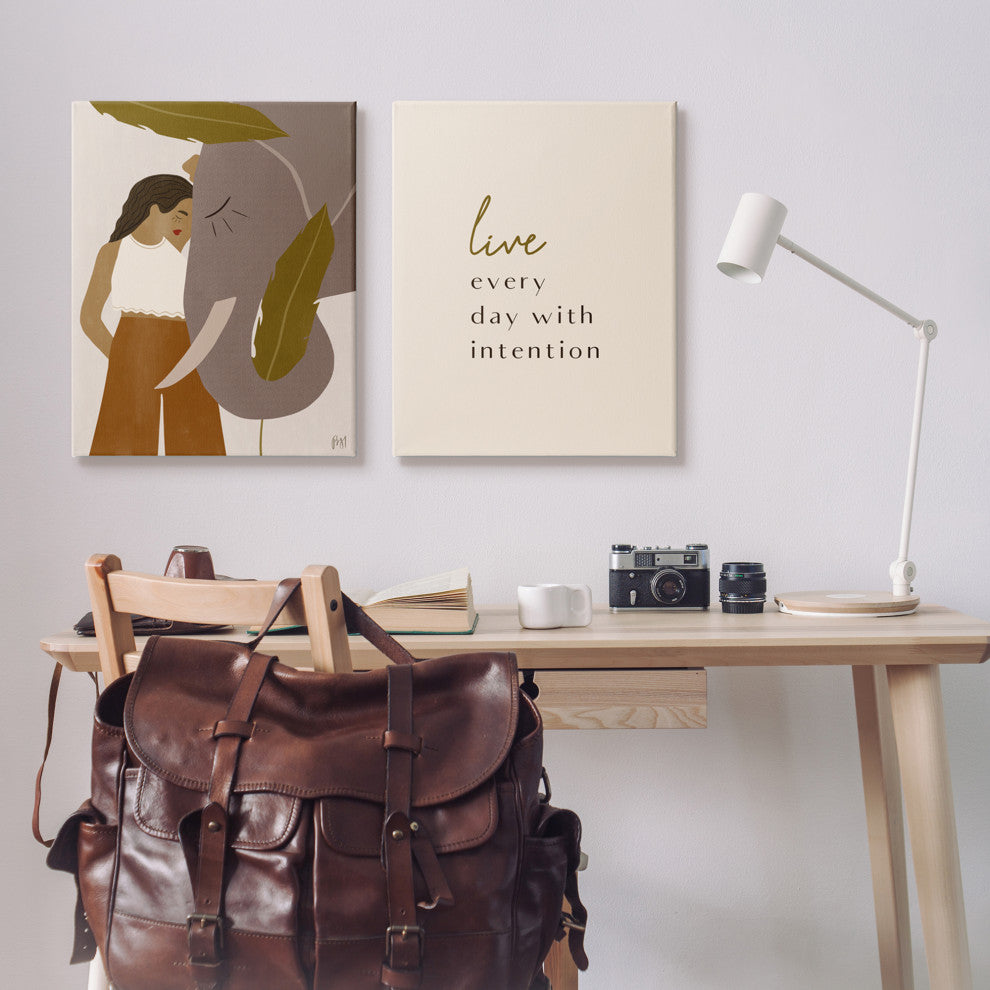 Live Everyday with Intention Woman Resting Against Elephant,24 x 30