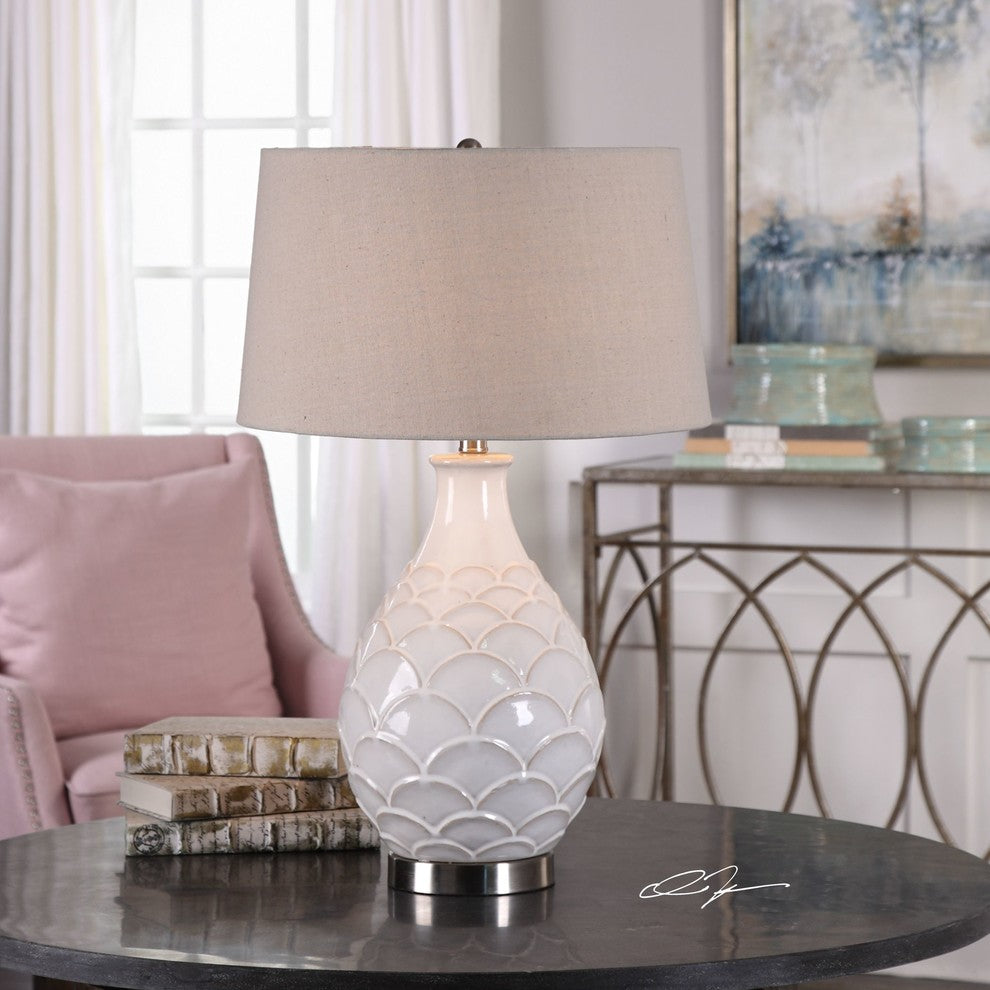 White Dahlia Flower Petals Table Lamp, Gloss Floral Organic Shape