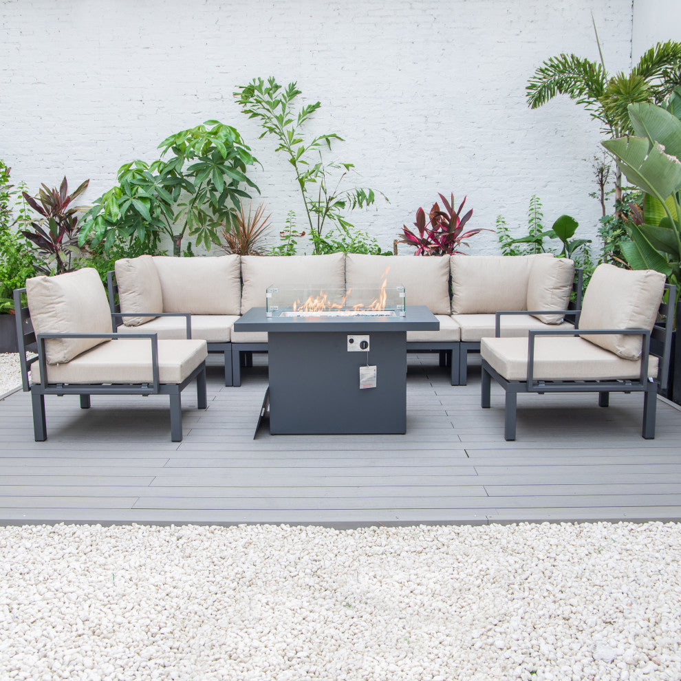 LeisureMod Hamilton 7-Piece Patio Sectional Set With Fire Pit Table, Beige