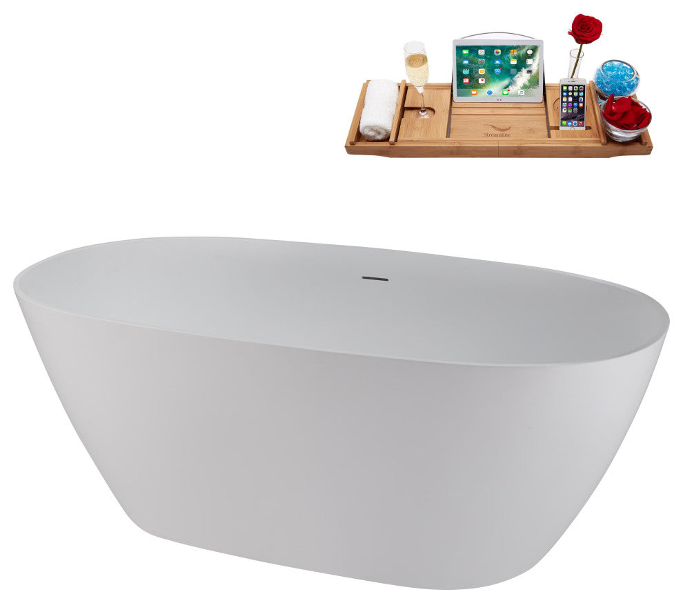 59" Streamline NS5820CH Matte White Stone Resin Bathtub, Tray With Chrome Drain
