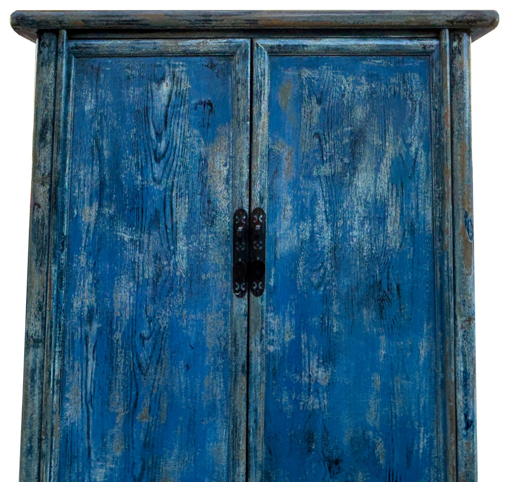 Distressed Bright Blue Tall Oriental Noodle Cabinet Storage Armoire Hws4322