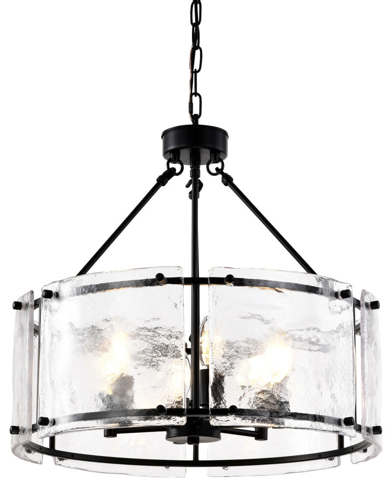 6-Light Matte Black Drum Pendant Design Chandelier With Rippled Glass