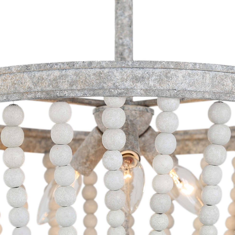 LNC 3 Light Vintage Beaded with White Wooden Beads, Semi-Flush Ceiling Light