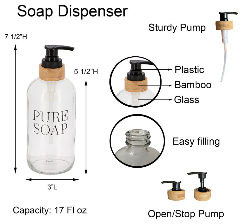 Glass and Bamboo Soap Dispenser Pure Soap, 17 fl oz