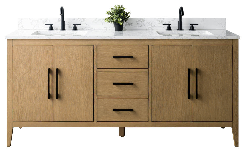 Vanity Art Bathroom Vanity With Sink, Natural Oak, 72", Double Sink, Matte Black