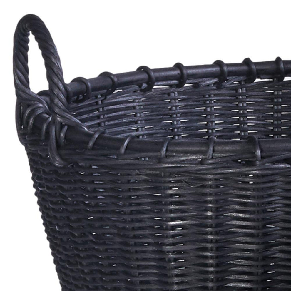 Set of 2 Large Black Rattan Storage Baskets Round Planter Cachepot 21 18 in
