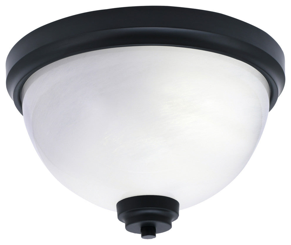 12" 2-Light Flush Mount Light, Matte Black, White Marble Glass