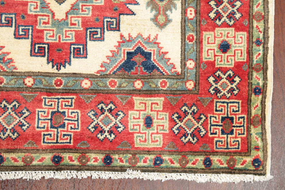 Kazak Oriental Traditional Hand Made Area Rug Pakistani, Beige, 4'9"x3'4