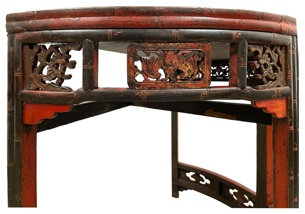 Consigned 19th Century Antique Chinese Carved Red lacquered Half Moon Tables