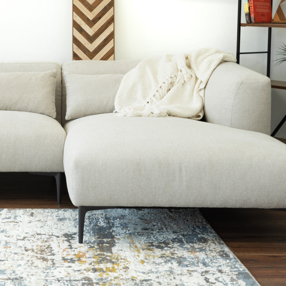 Savoy Mid-Century Modern L-Shaped Linen Fabric Right-Facing Sectional, Cream