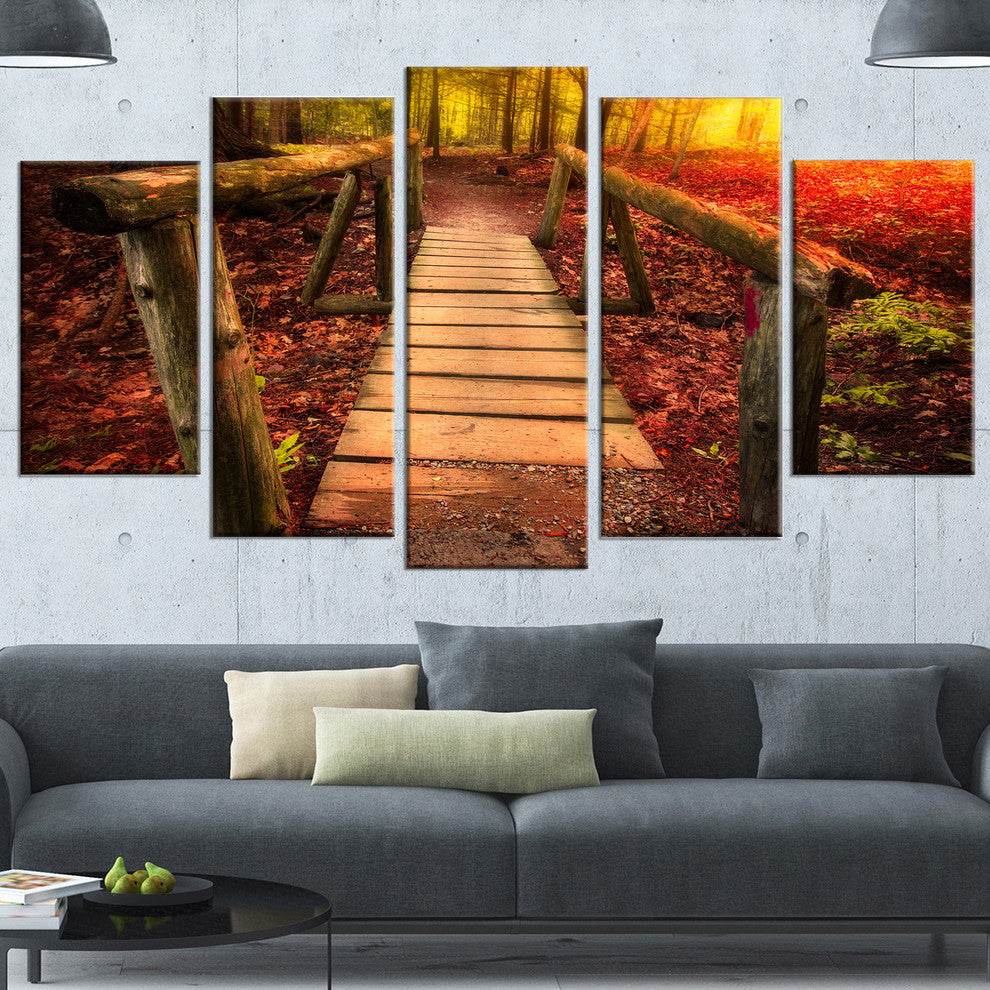 Beautiful Footbridge in Golden Light, Bridge Canvas Art Print, 60"x32", 5 Panels