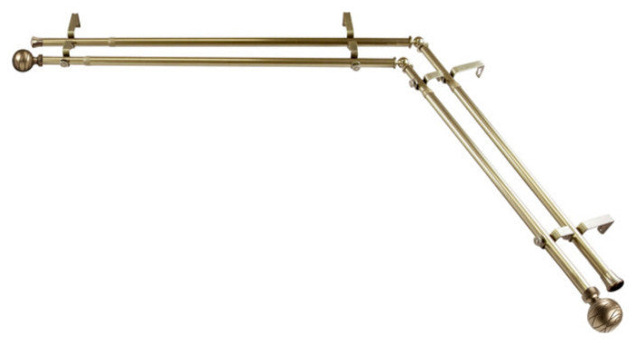 Etched Corner Window Double 13/16" Curtain Rod, Antique Brass, 48-84"