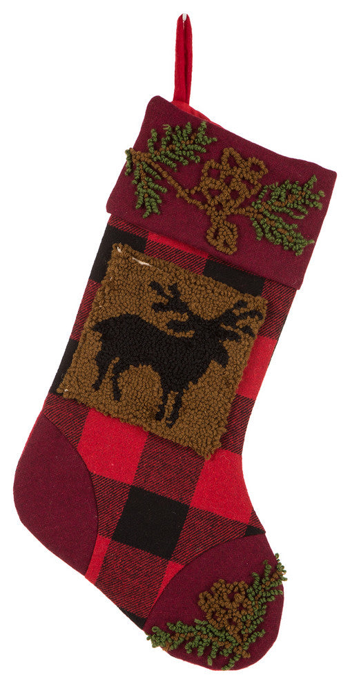 Set of 2 Plaid Stocking With Rug Hooked, Reindeer